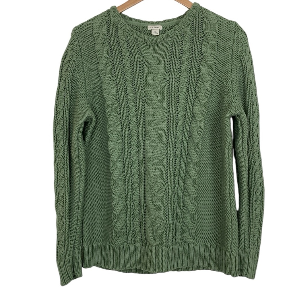 L.L. Bean Green Cable Knit Crewneck Sweater